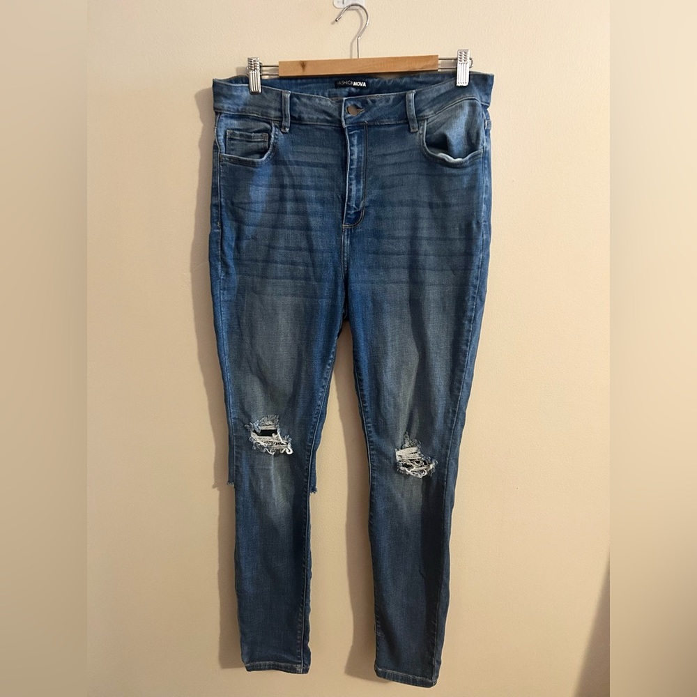Fashion Nova Distressed Medium Blue Wash Jeans